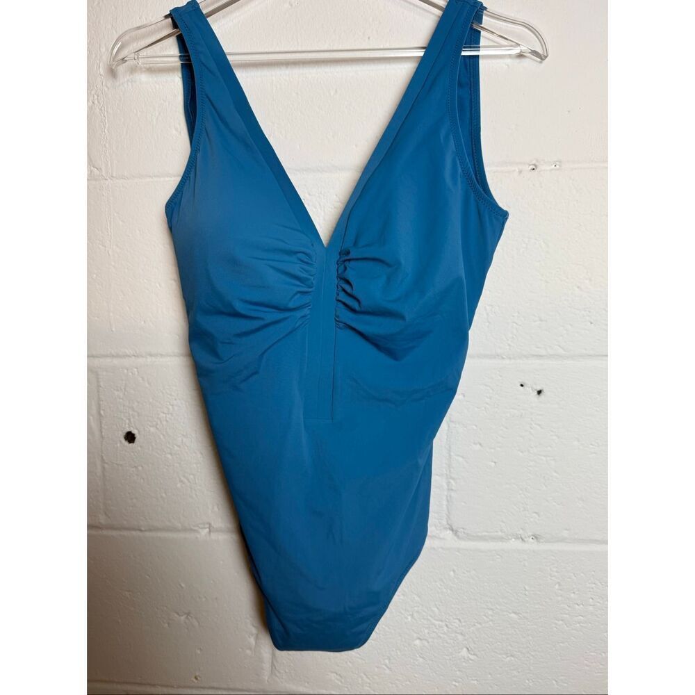 Zingara Amelie One-Piece Swimsuit Blue Ruched Plunge Neck Size 12 Resort Swimwea